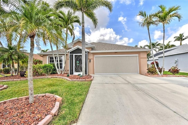 ranch-style house with a garage, concrete driveway, a front yard, and stucco siding