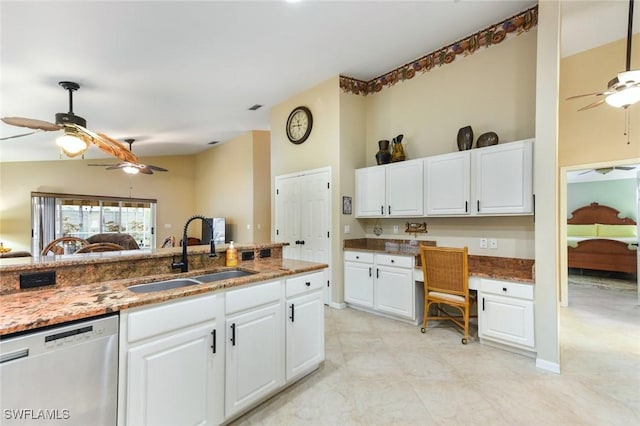 15773 Beachcomber Ave, Fort Myers, FL 33908 - kitchen featuring white cabinets, dishwasher, light stone countertops, built in desk, and a sink
