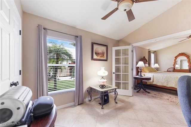 15773 Beachcomber Ave, Fort Myers, FL 33908 - bedroom featuring lofted ceiling, ceiling fan, light tile patterned floors, baseboards, and french doors