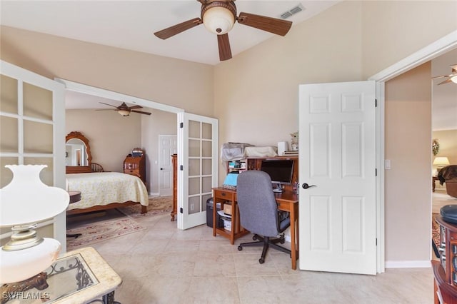 15773 Beachcomber Ave, Fort Myers, FL 33908 - bedroom with a ceiling fan, french doors, visible vents, and vaulted ceiling