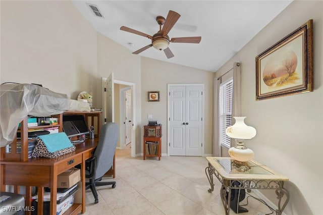 15773 Beachcomber Ave, Fort Myers, FL 33908 - office featuring visible vents, baseboards, ceiling fan, vaulted ceiling, and light tile patterned flooring