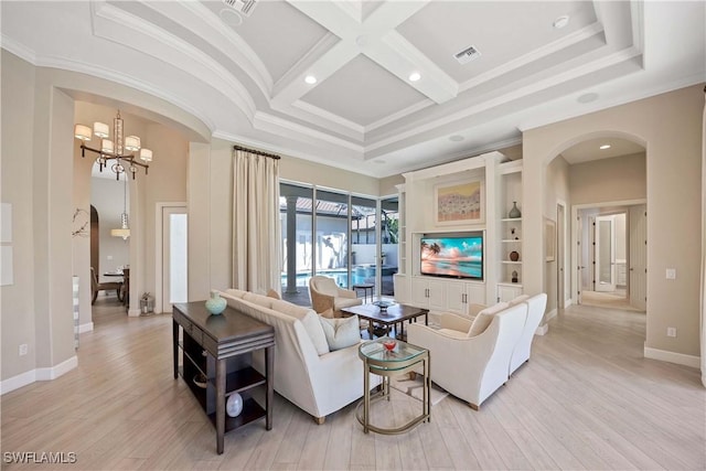 living room with visible vents, arched walkways, coffered ceiling, crown molding, and light wood-style floors