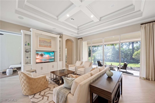 living area with ornamental molding, arched walkways, beam ceiling, and coffered ceiling