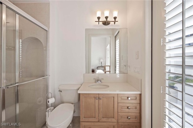 bathroom with toilet, a shower stall, and vanity