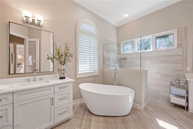 bathroom with a soaking tub, ornamental molding, walk in shower, and vanity