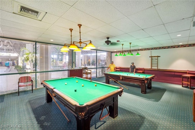 game room featuring carpet, visible vents, a drop ceiling, and pool table