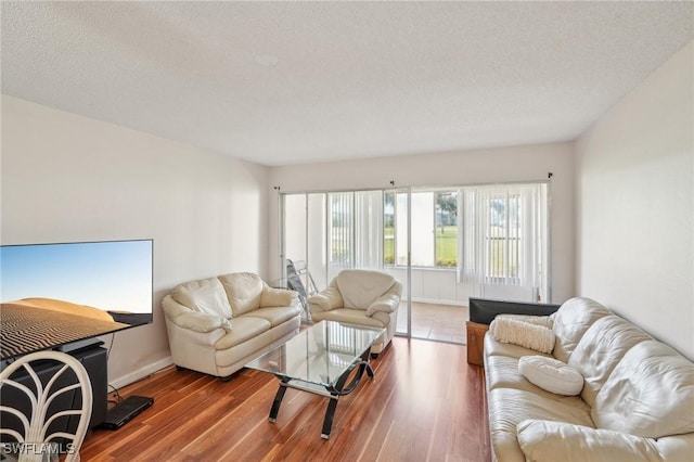 living area featuring a textured ceiling, baseboards, and wood finished floors