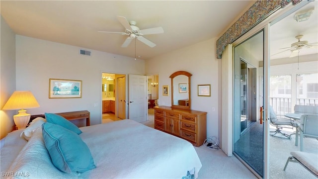 bedroom with light carpet, access to outside, ceiling fan, and visible vents