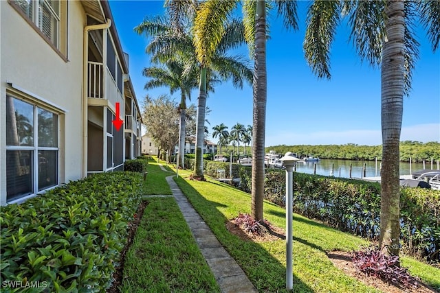 view of yard with a water view