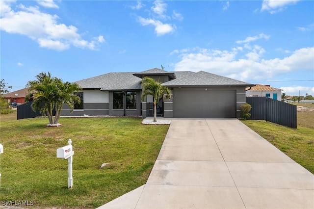 view of front of home with a garage, driveway, fence, and a front lawn