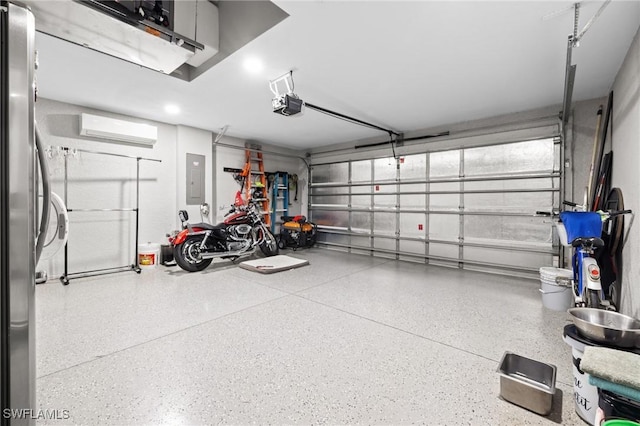 garage featuring a wall mounted AC, stainless steel fridge, electric panel, and a garage door opener