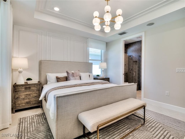 bedroom featuring a chandelier, a raised ceiling, visible vents, and baseboards