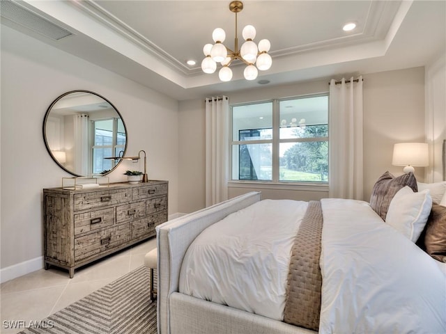 bedroom with light tile patterned floors, visible vents, a tray ceiling, and recessed lighting