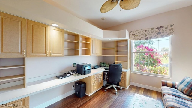 home office with baseboards, built in study area, recessed lighting, ceiling fan, and dark wood-type flooring
