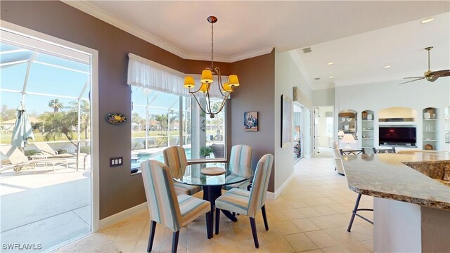 dining area with crown molding, baseboards, built in features, light tile patterned floors, and a notable chandelier
