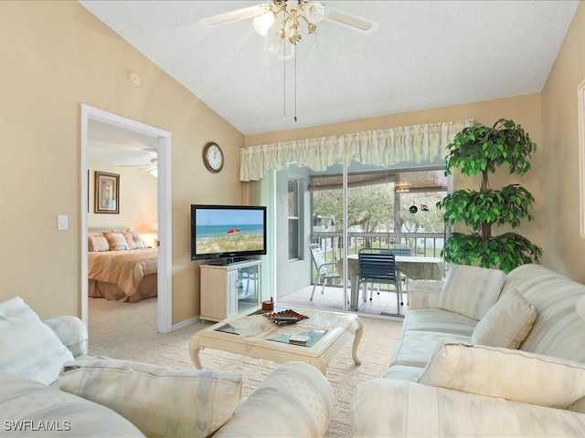 living room featuring a ceiling fan, lofted ceiling, light colored carpet, and baseboards