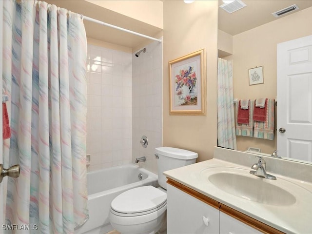 full bath with toilet, shower / bathtub combination with curtain, visible vents, and vanity