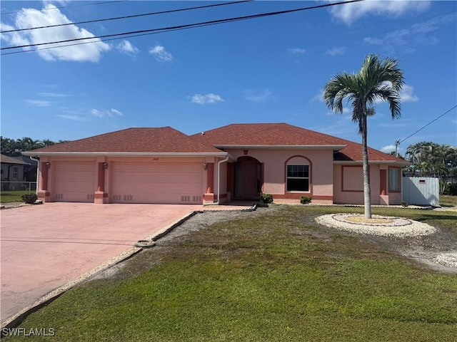 mediterranean / spanish home with a garage, a shingled roof, concrete driveway, a front lawn, and stucco siding