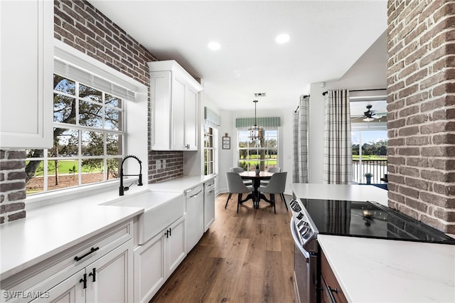 kitchen with dark wood finished floors, dishwasher, white cabinets, electric stove, and a sink