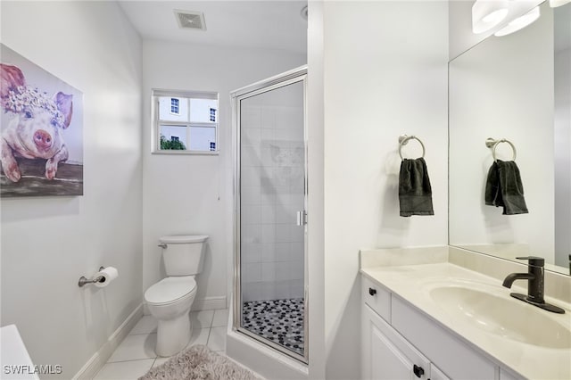 bathroom with toilet, a shower stall, visible vents, and tile patterned floors