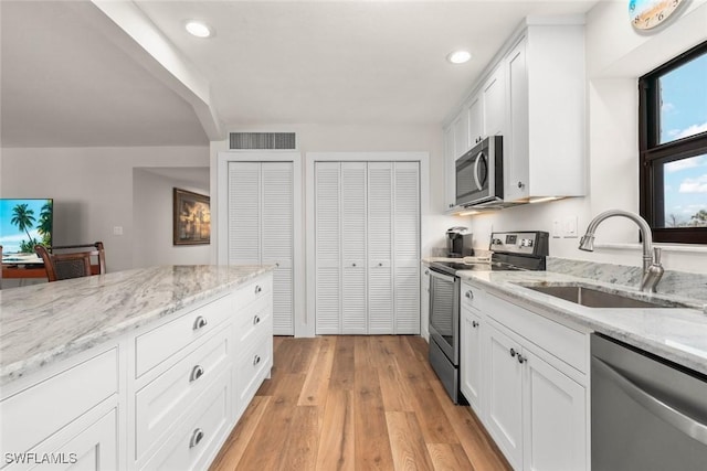 kitchen with visible vents, a sink, appliances with stainless steel finishes, white cabinetry, and light wood-type flooring