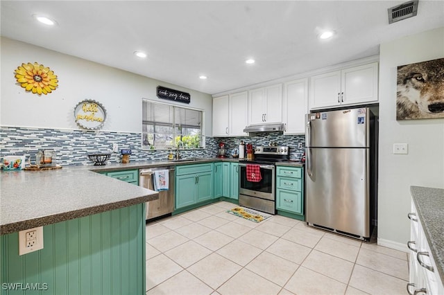 kitchen featuring visible vents, white cabinets, decorative backsplash, appliances with stainless steel finishes, and under cabinet range hood