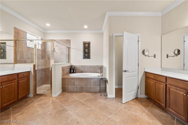 full bath featuring a shower stall, crown molding, and vanity