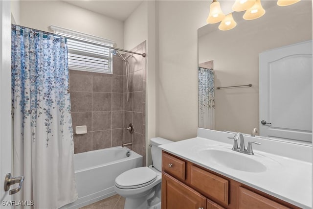 full bath with toilet, tile patterned flooring, vanity, and shower / tub combo with curtain