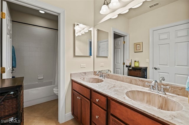 full bath with tile patterned flooring, visible vents, a sink, and double vanity