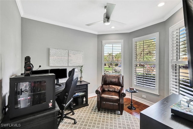 home office featuring recessed lighting, ornamental molding, ceiling fan, wood finished floors, and baseboards