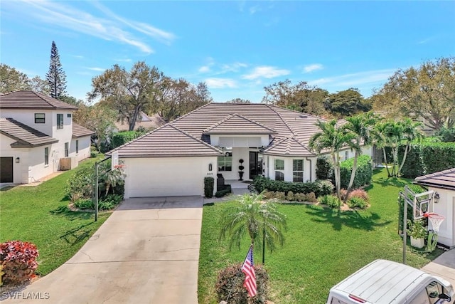 view of front of property featuring a garage, a tile roof, a front lawn, and concrete driveway