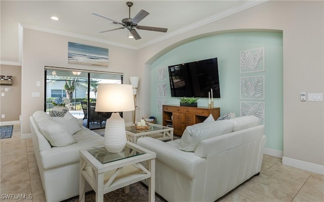 living room with ceiling fan, light tile patterned flooring, recessed lighting, baseboards, and crown molding