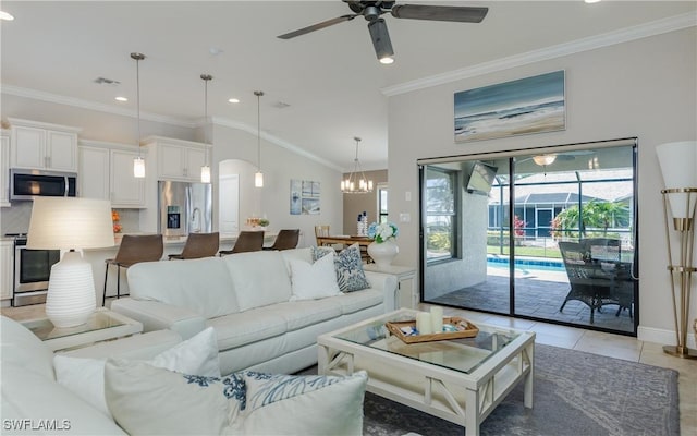 living area featuring light tile patterned floors, ceiling fan, recessed lighting, visible vents, and crown molding