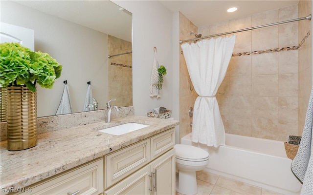 bathroom featuring toilet, recessed lighting, vanity, tile patterned floors, and shower / tub combo with curtain