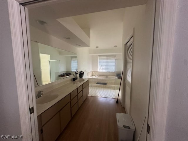 bathroom featuring double vanity, wood finished floors, and a sink