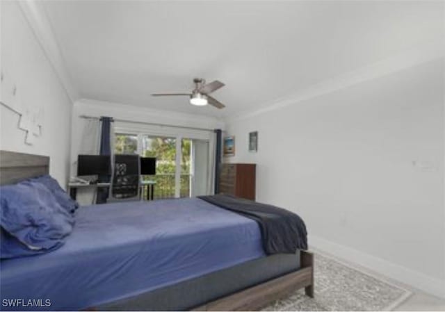 bedroom featuring ceiling fan, ornamental molding, and baseboards