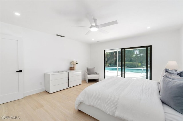 bedroom with visible vents, a ceiling fan, access to exterior, light wood-style floors, and recessed lighting