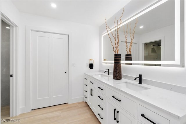 full bath featuring wood finished floors, a closet, a sink, and double vanity