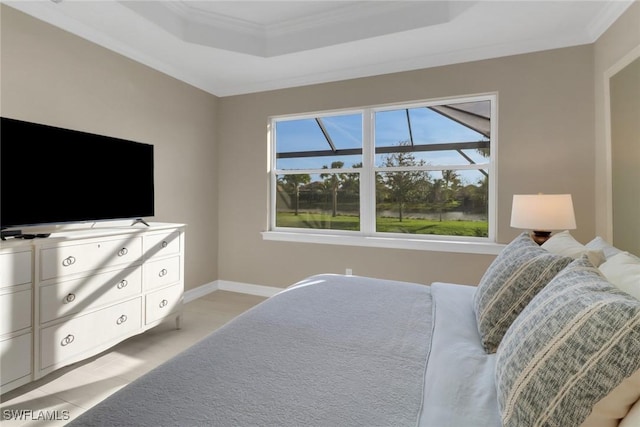 bedroom with baseboards, a raised ceiling, and crown molding