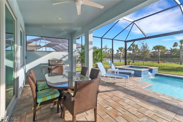 exterior space with glass enclosure, outdoor dining area, a patio, and a pool with connected hot tub