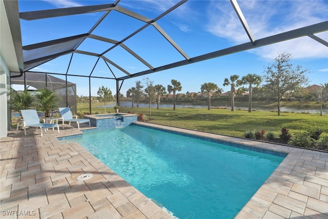 view of swimming pool with a water view, a lanai, a yard, a patio area, and a pool with connected hot tub