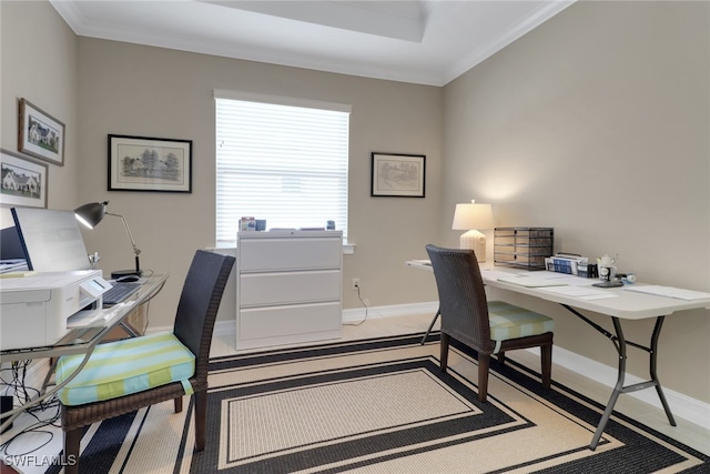 office space featuring baseboards and crown molding