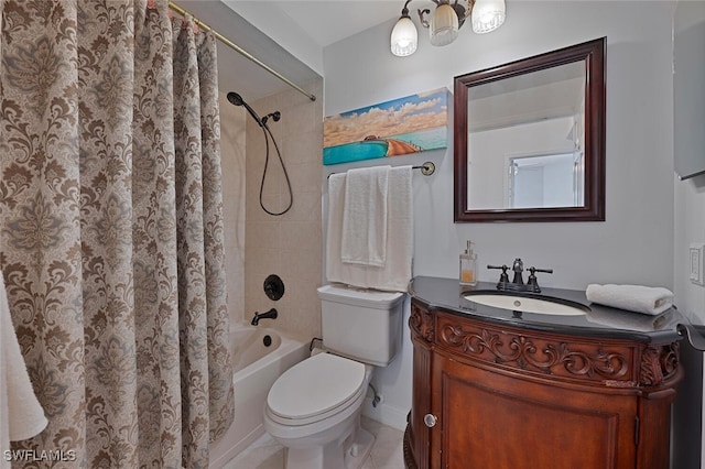 bathroom featuring tile patterned flooring, vanity, toilet, and shower / bath combo with shower curtain