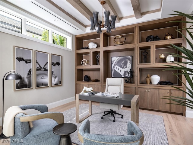 office featuring a notable chandelier, light wood-type flooring, beam ceiling, and baseboards