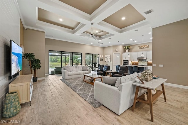 living room featuring light wood-type flooring, visible vents, coffered ceiling, and crown molding