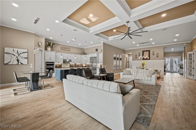 living room featuring french doors, light wood finished floors, ornamental molding, coffered ceiling, and beamed ceiling