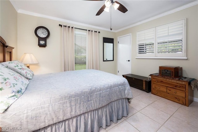 bedroom with ornamental molding, ceiling fan, and light tile patterned floors