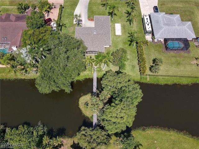 birds eye view of property featuring a water view