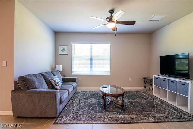 living room with visible vents, ceiling fan, baseboards, and tile patterned floors