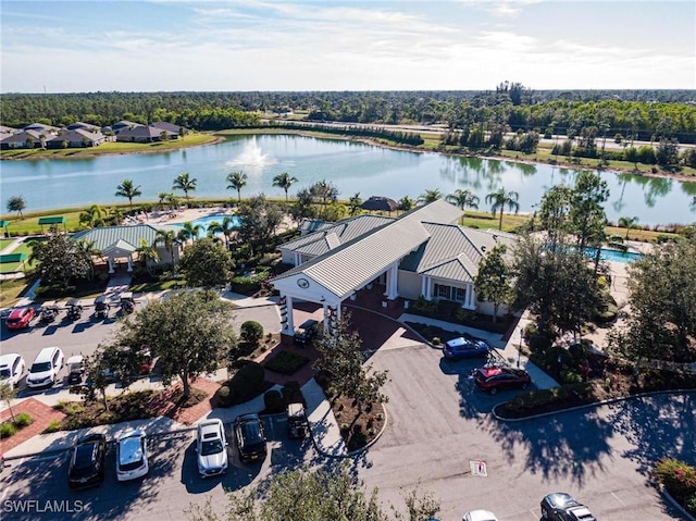 birds eye view of property with a residential view and a water view